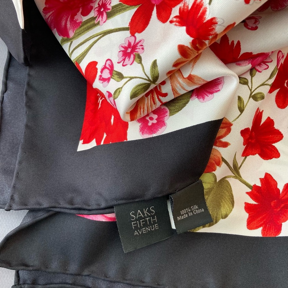 Saks Fifth Ave red floral silk scarf